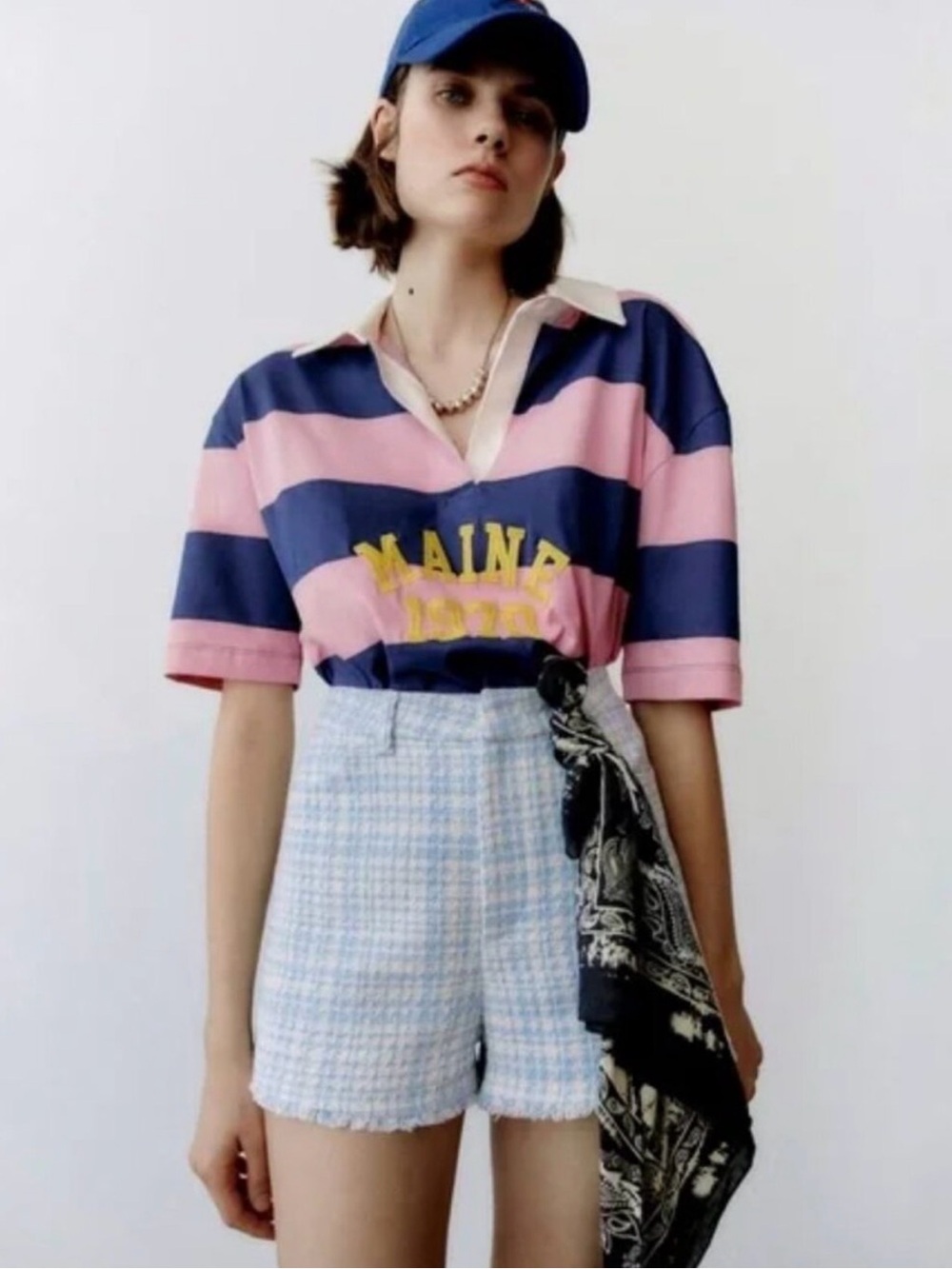 Zara Pink and Navy Striped Rugby Polo Top